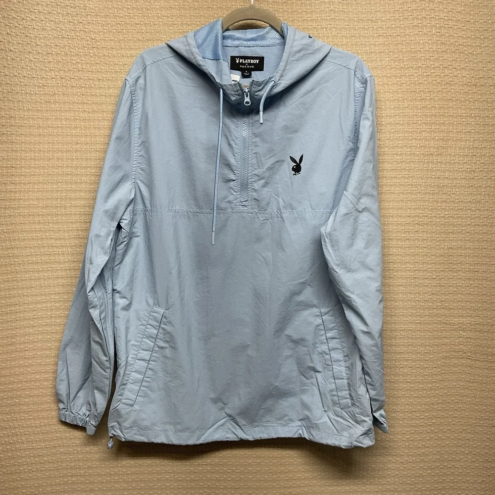 Pacsun Playboy Jacket Mens Small Blue Quarter Zip‎ Hoodie Logo Windbreaker